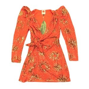 Farm Rio Sunny Mood Sequin Long Sleeve Mini Dress Size Small Orange Tied Waist